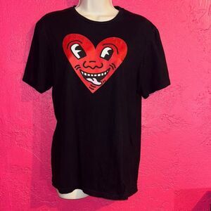 Keith Haring. Black T-Shirt with Red Heart Graphic. Sz medium.